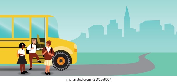 Classmates outside school bus, flat vector stock illustration with kids or copy space template for design and overlay