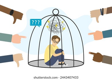 Classmates point fingers at schoolboy and poison his. Bullying, violence at school, concept. Unhappy student boy sitting in cage, mental problems, stress. Conflict between people. Vector illustration