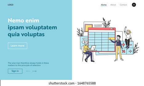 Klassenkameraden, die im Unterricht die Hände heben. Lehrer, die während des Mathematikunterrichts einen Laptop benutzen, Illustration auf flacher Vektorillustration. Lehre, Schule, Bildungskonzept für Banner, Website-Design oder Landing-Webseite