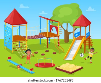 Classmates recreation on school playground, girl and boy playing. Active place with stairs and rope, slide and carusel equipment, green park, pupil vector