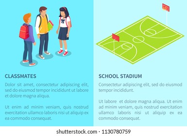 Classmates from secondary school with backpacks and stadium green sports ground vector illustrations with text on blue background