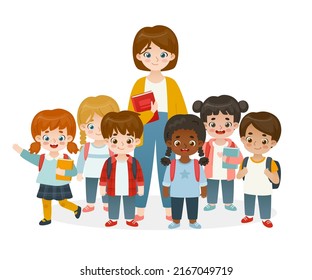 Classmates Standing Teacher Cartoon Pupils Diverse Stock Vector ...