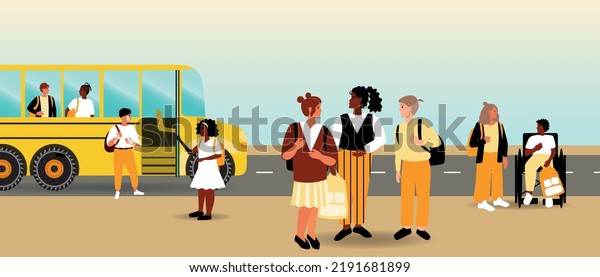 Classmates together near\
school bus, flat vector stock illustration with disabled person as\
schoolboy