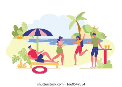 Classmates Сarefree Weekend at Tropical Resort. Young Guy is Lying on Beach Lounger under Tent. Girls Happily Discuss Weekend, and other Guy Stands at Table with Cocktails, Ocean behind them.