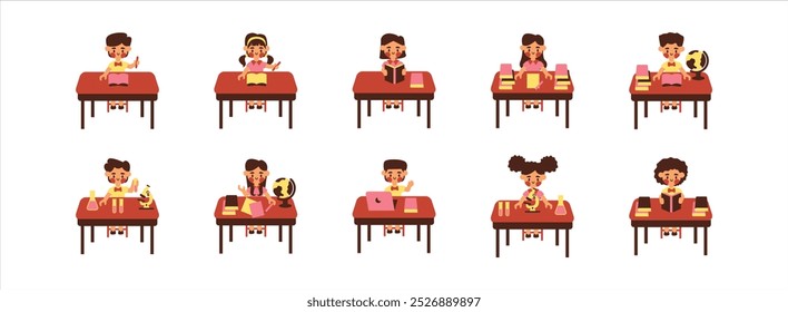 Classroom Activities flat illustration set. Include of school, student, learn, and teacher. Vector illustration isolated.