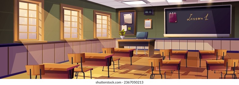 Classroom background banner in flat cartoon design. School or college class interior poster with teacher table, chalkboard with geometry formulas, bookshelf, window and plants. Vector illustration