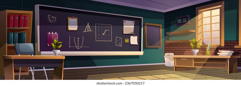 Banner de fondo en aula en diseño de dibujos animados planos. Afiche interior de clase escolar con mesa de profesores, escritorios y asientos para estudiantes, pizarra, carteles en la pared, ventana con luz natural. Ilustración del vector