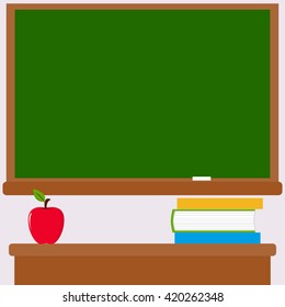 Classroom Background With Chalkboard, Teacher Desk, Books And Apple. Vector Illustration