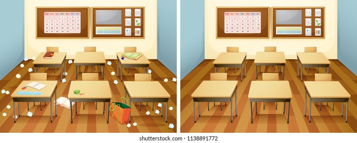 A classroom before and after clean illustration