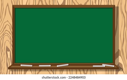 Classroom blackboard and chalk vector on bright wooden sheet wall background. chalkboard for copy space. classroom elements vector illustration. copy space mockup template display