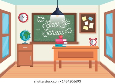 classroom with blackboard and note board with books and apple