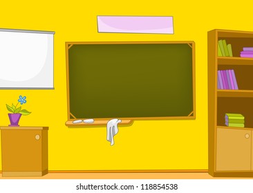 Classroom With Blackboard And School Staff. Vector Cartoon  Background.