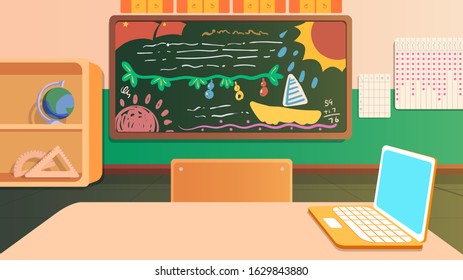 classroom blackboard table computer chair draw