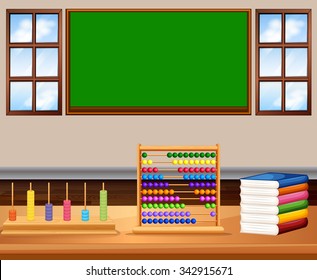 Classroom with board and books illustration