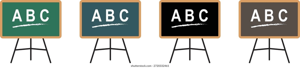 Symbolsatz für Klassenraum- oder Kreidetafel. Vektorgrafik Bildung ABC Alphabet Stativ Staffelei stehen flache grafische Elemente für Bildung, Lehre, Lernen, Präsentation, Ausbildung, akademisches Design.