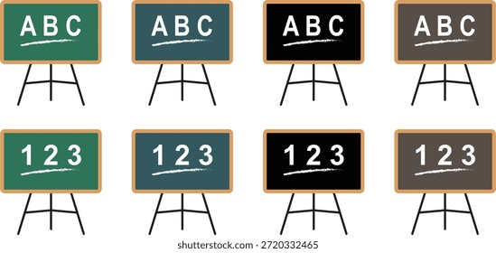 Conjunto de ícones de quadro de aula ou quadro-negro. Vetores ilustração educação ABC e 123 tripé cavalete elementos gráficos planos para educação, ensino, aprendizagem, apresentação, treinamento, projetos acadêmicos.