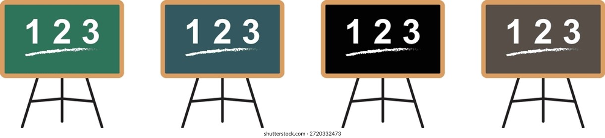 Conjunto de ícones de quadro de aula ou quadro-negro. Vetores ilustração educação 123 números tripé cavalete suporte elementos gráficos planos para educação, ensino, aprendizagem, apresentação, treinamento, projetos acadêmicos.