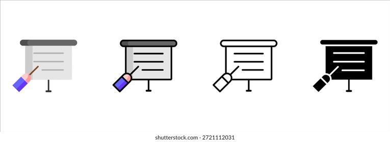 Classroom board presentation icons pack with teacher character