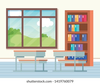 classroom with books inside bookcase and window with desks