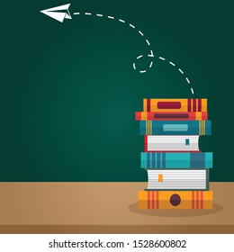 Classroom books on the table with a blackboard with copy-spcae. School and education concept banners. Vector illustration in flat design.