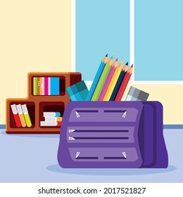 classroom books in shelf and pencils in case