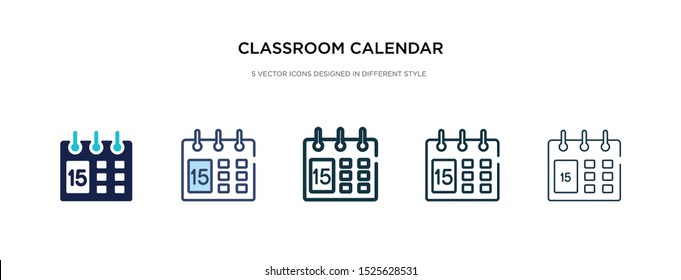 classroom calendar icon in different style vector illustration. two colored and black classroom calendar vector icons designed in filled, outline, line and stroke style can be used for web, mobile,