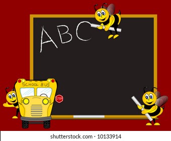 pizarra de tiza en aula, Autobús escolar y abejas, Ilustración de vectores educativos.