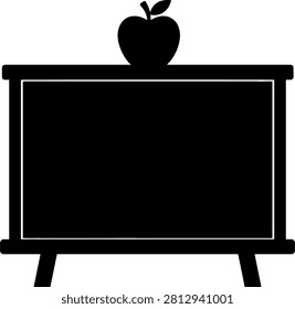 Classroom chalkboard icon featuring decorative apple on top frame. Minimalist education symbol for school programs, student learning, teacher resources, academic setting, academic theme, study time, knowledge display, simple design vector illustration.