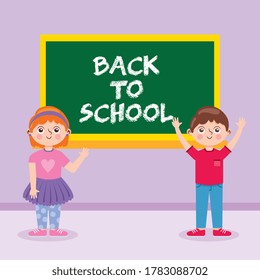 classroom with children and chalkboard with back to school message. vector illustration

