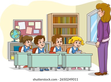 Sala de aula com crianças. Professor ou professor ensinando alunos na sala de aula do ensino fundamental. Aprendizado do aluno em lições ilustração vetorial