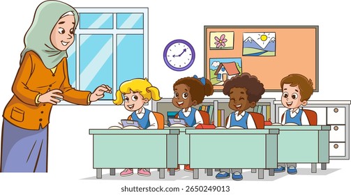 Sala de aula com crianças. Professor ou professor ensinando alunos na sala de aula do ensino fundamental. Aprendizado do aluno em lições ilustração vetorial