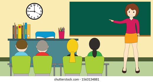 Classroom Children Teacher Woman Blackboard Educational Stock Vector ...