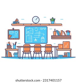 classroom with a clean and modern design, featuring ergonomic desks and chairs, blackboard