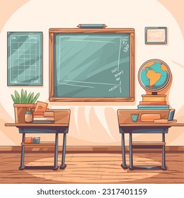salón de clases con un diseño limpio y moderno, con escritorio y sillas ergonómicas, pizarra