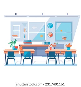 classroom with a clean and modern design, featuring ergonomic desks and chairs, blackboard