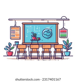 classroom with a clean and modern design, featuring ergonomic desks and chairs, blackboard