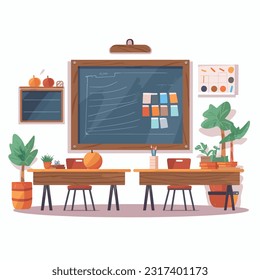 Klassenzimmer mit sauberem und modernem Design, ergonomisch gestaltete Schreibtische und Stühle, Taftplatte