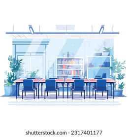 classroom with a clean and modern design, featuring ergonomic desks and chairs, blackboard