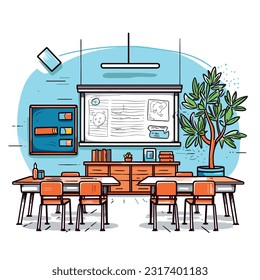 classroom with a clean and modern design, featuring ergonomic desks and chairs, blackboard