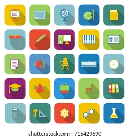 Classroom color icons with long shadow, stock vector