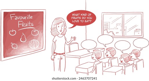 A classroom comic scene where a teacher asks the students about their favorite fruits to eat. Blank speech bubbles are provided for the students to fill in.