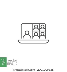 Curso en aula, conferencia. Seminario de formación en clase virtual o en línea. Seminario de grupo y monitor de conferencia. Comunicación de reunión en línea. Diseño de ilustración vectorial en fondo blanco. EPS 10