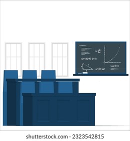 Classroom design with modern desks, seats, blackboard, A wood panelled university lecture theatre, conference hall. empty classroom university or collage