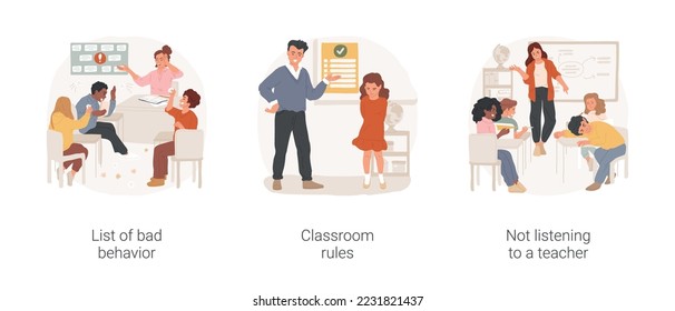 Classroom discipline isolated cartoon vector illustration set. List of bad behavior, classroom rules, children misbehave at school, poster on the wall, not listening to a teacher vector cartoon.