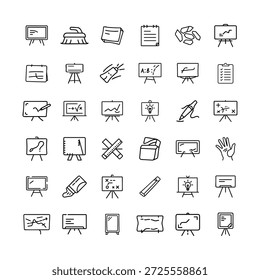 Educación en el aula y colección de iconos lineales del tablero de presentación.