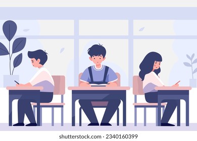 Aula. Niños de la escuela primaria que estudian en clase. Los niños estudian en la escuela sentados en el escritorio. Ilustración del vector EPS10