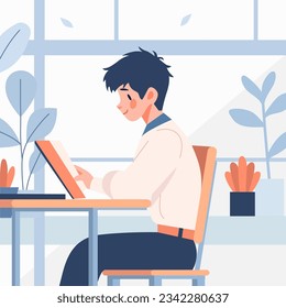 Aula. Niños de la escuela primaria que estudian en clase. Los niños estudian en la escuela sentados en el escritorio. Ilustración del vector EPS10