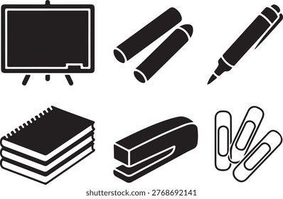 Classroom essentials icon set with board notebook pen and tools