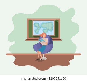 classroom with female teacher reading book in the sofa