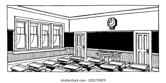 Aula llena de escritorios o edificio escolar, sala escolar, actividades, dibujo de líneas vintage o ilustración de grabado.